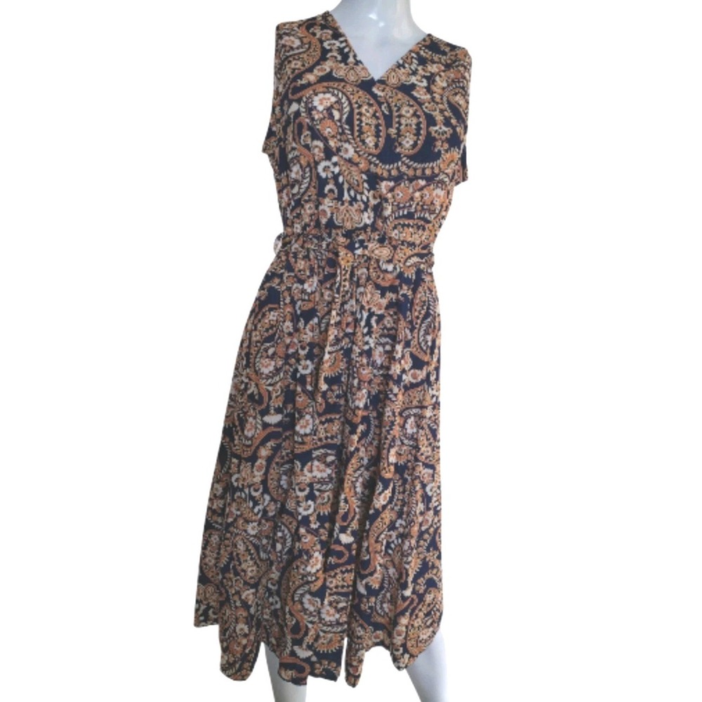 Lark + Gray Dress Woman M Blue Orange Knee‎ Light Surplice Neck Sleeveless Boho